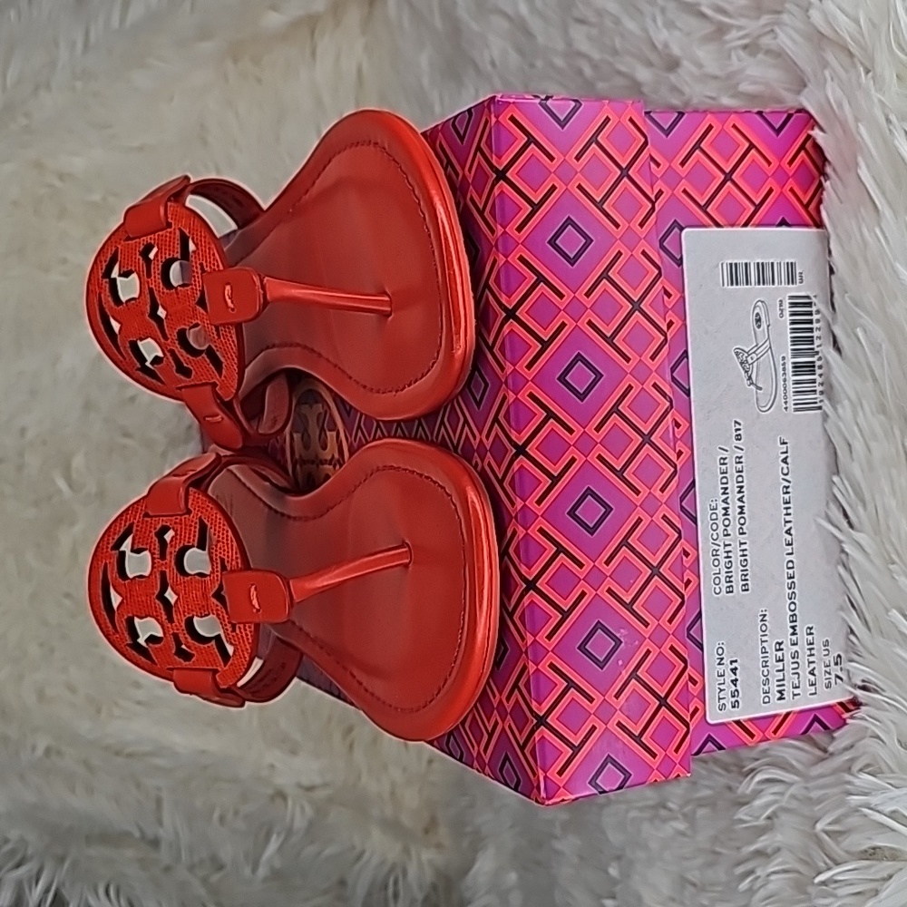 Tory Burch Miller Tejus Embossed Leather Sandal, Bright Pomander color, size 7.5